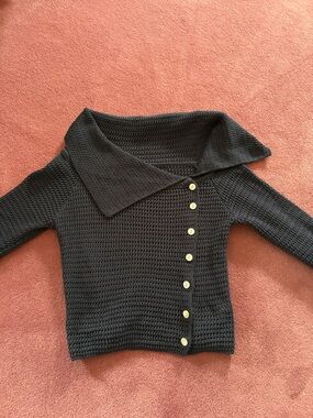 Navy Knit Asymmetrical Button Crochet Sweater
